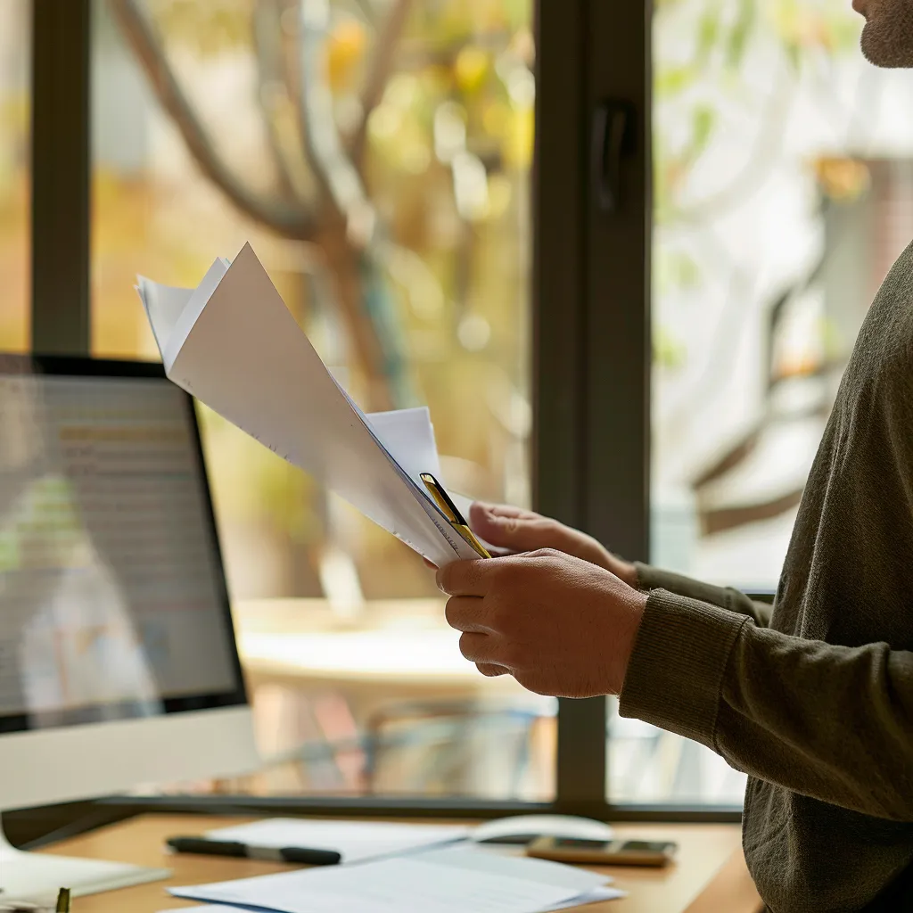 En person står på ett kontor nära en datorskärm och visar dokument och håller papper med utsikt över staden bortom. De fördjupar sig i juridiska aspekter, kanske relaterade till begravningsbyrå gnosjö tjänster.