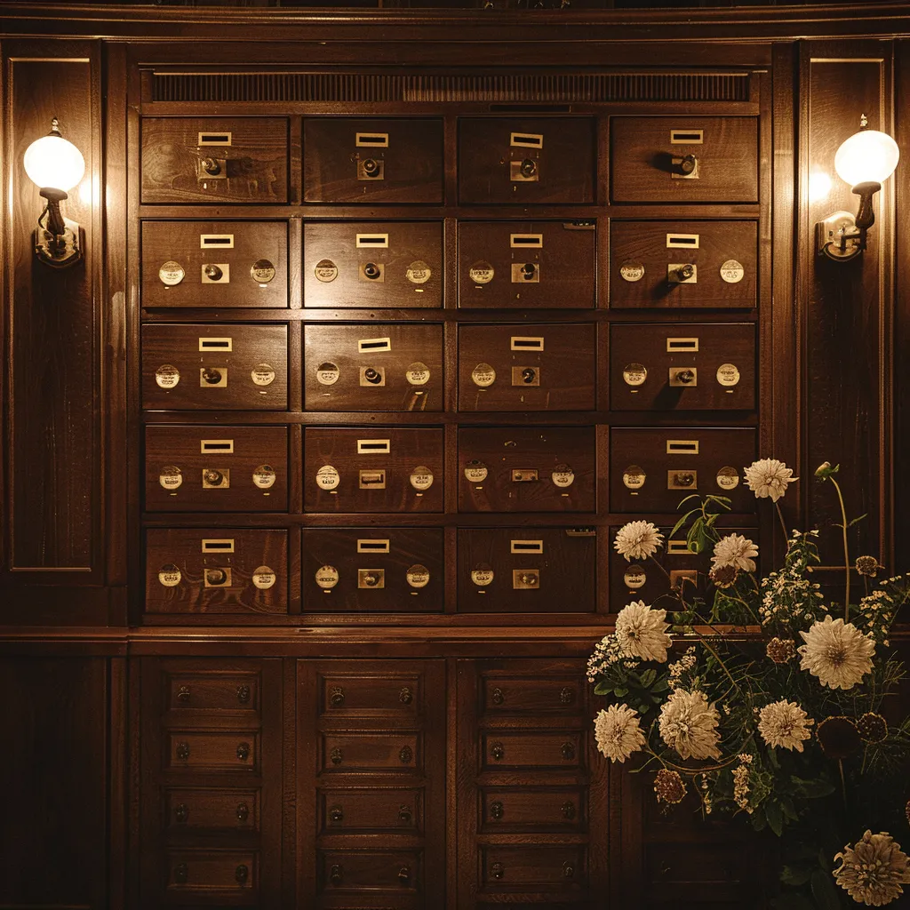 Ett vintage arkivskåp i trä med flera lådor står under svag belysning, kompletterat med ett blomsterarrangemang i förgrunden, som framkallar en känsla av tidlös elegans – perfekt för kontoret som en juridikexpert på begravningsbyrå Gislaved.