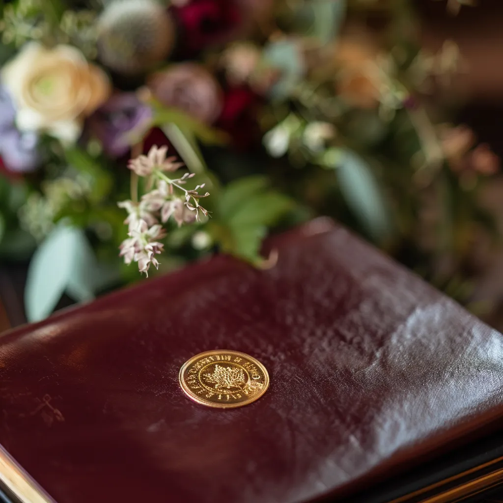 En närbild av en läderinbunden bok med guldemblem på omslaget, som påminner om familjearv som ofta finns på platser som begravningsbyrå Värnamo, omgiven av färgglada blommor och grönska.