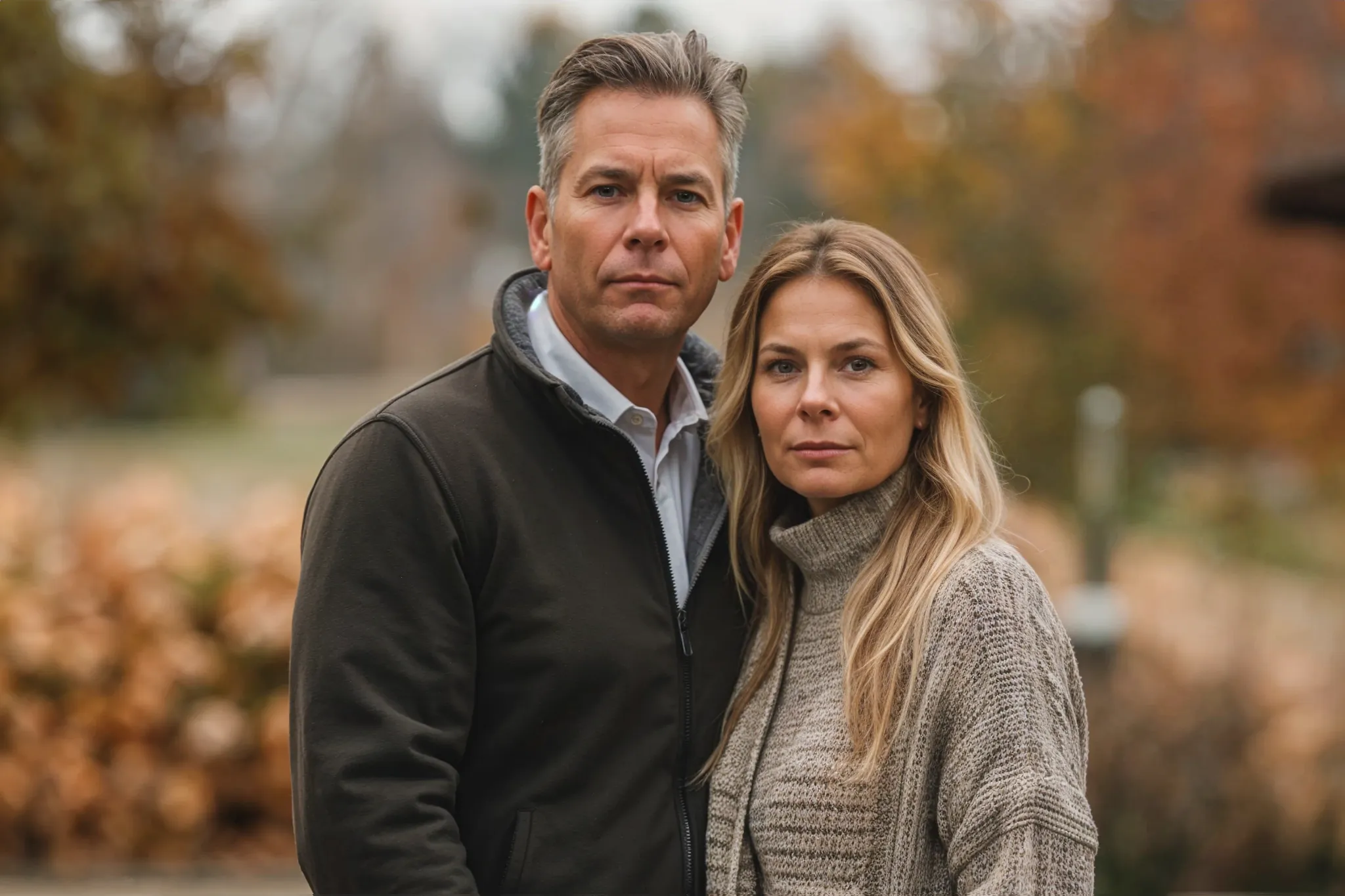 En man och kvinna står tätt i en utomhusmiljö med höstlöv i bakgrunden, som om de finner tröst mitt i naturens famn, ungefär som hur en begravningsbyrå i Värnamo skonsamt stöttar familjer genom övergångstider.