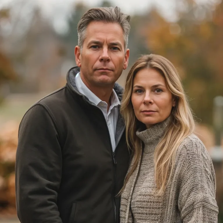 En man och kvinna, klädda i mysiga höstdräkter, står framför en kuliss av pulserande höstträd och diskuterar planer som kräver expertis inom juridik eller kanske en pålitlig begravningsbyrå Gnosjö.