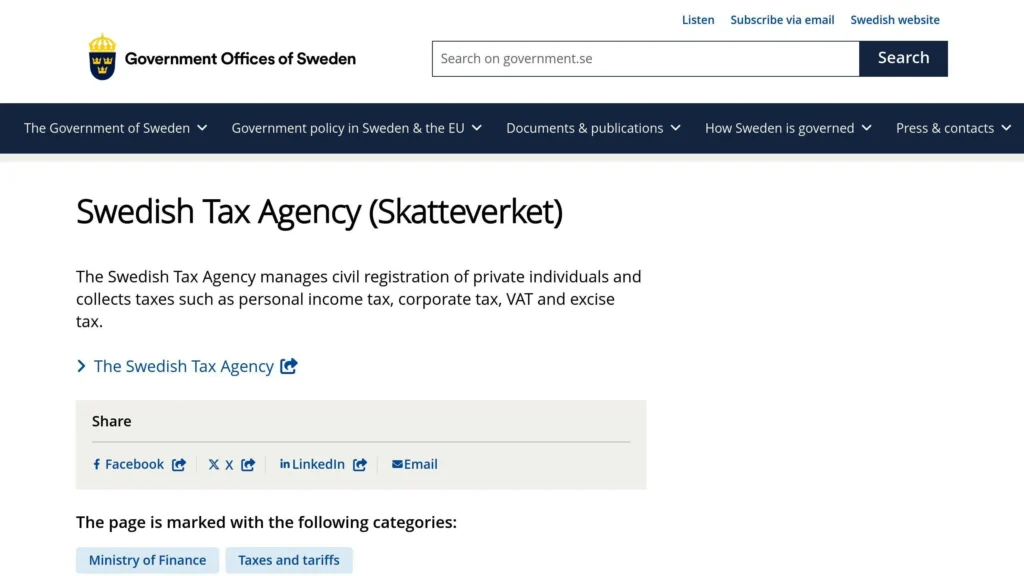 Upptäck Skatteverkets hemsida, där du kan utforska resurser om beskattning och även ämnen som juridik. Dela enkelt insikter via Facebook, LinkedIn eller e-post för att hålla ditt nätverk informerat.