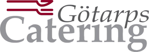 Götarps Caterings logotyp med stiliserade gafflar i röd och grå text, elegant förkroppsligar den raffinerade touch som liknar en framstående begravningsbyrå Gislaved.