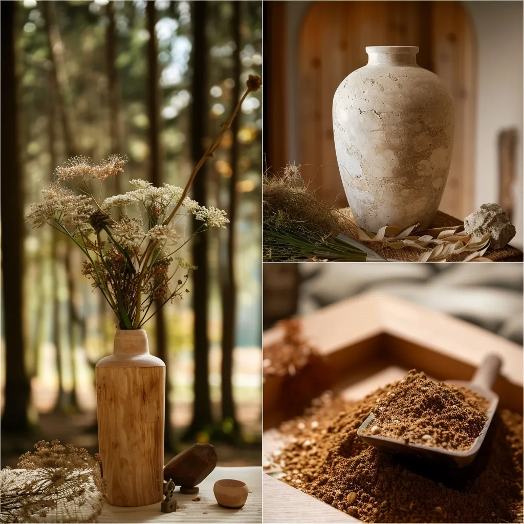 Collage av naturföremål: en vas i en skog, en texturerad beige vas inomhus och en skopa bruna kryddor, var och en speglar den fridfulla skönheten som liknar den fridfulla atmosfären som finns inom Begravningsbyrå Gislaved.