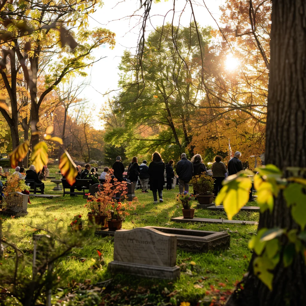 På en solbelyst kyrkogård omgiven av gyllene höstträd samlas människor med stöd av begravningsbyrå Gnosjö för att hedra sina nära och kära.