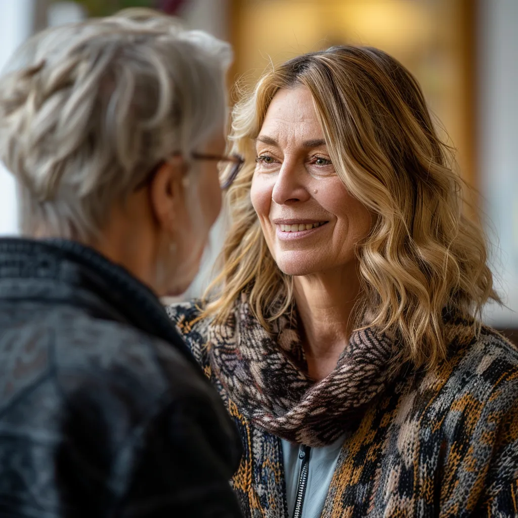 Två kvinnor, ler och vända mot varandra, iklädda mysiga vinterkläder inne i ett varmt upplyst rum, delar minnen medan de diskuterar arrangemang med en begravningsbyrå Gislaveds representant.