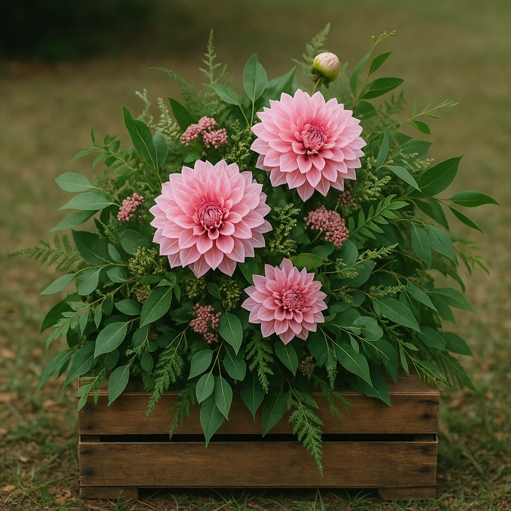 Rosa dahlior med gröna blad arrangerade i en trälåda, placerade utomhus på gräsbevuxen mark - en elegant touch för en miljövänlig begravning och symboliserar hållbart val.