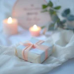 En liten presentask med rosa band sitter bredvid tända ljus och eukalyptus på en mjuk tygbakgrund, vilket skapar en lugn atmosfär som påminner om de tröstande utrymmen som finns i Begravningsbyrå Gnosjö.