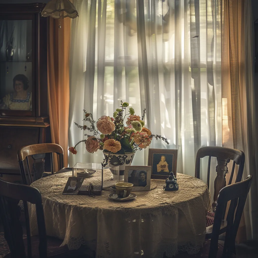 Mysigt rum med runt bord, spetsduk och blomsterarrangemang utstrålar värme. Inramade bilder berättar historier under det milda ljuset som filtreras genom skira gardiner och skapar en lugn atmosfär som påminner om en pittoresk begravningsbyrå i Värnamo.