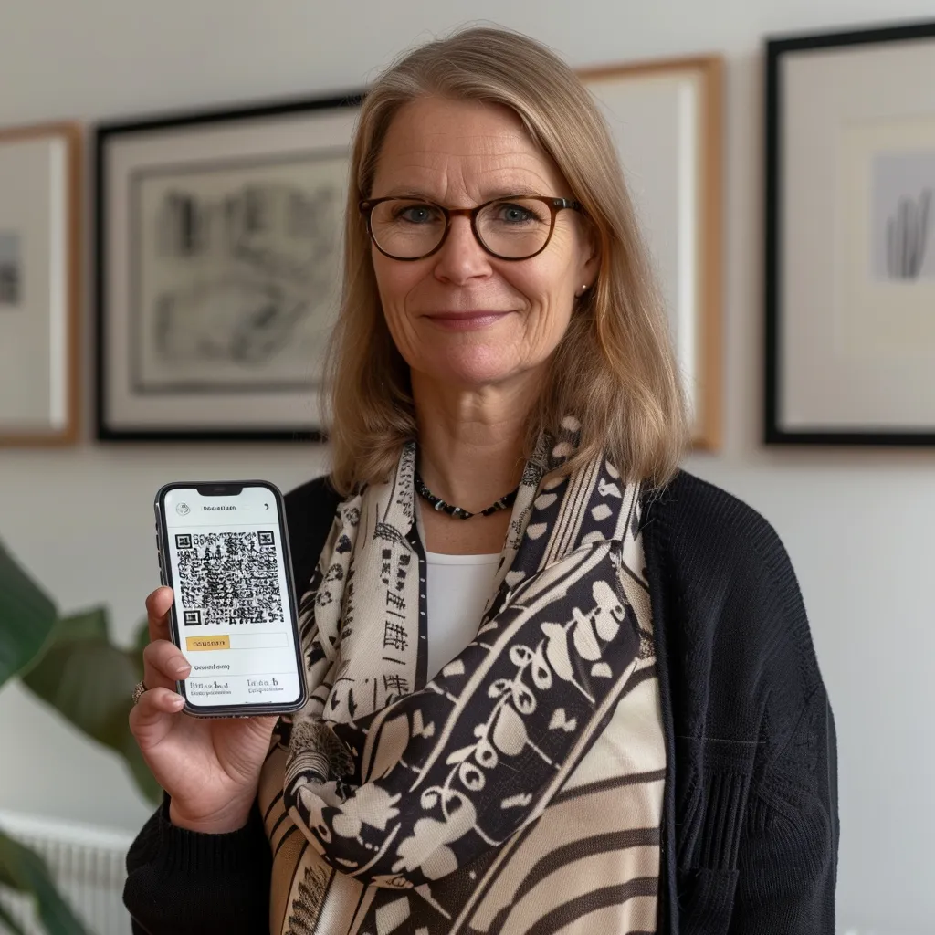 En kvinna med glasögon visar en QR-kod på sin telefon, iklädd mönstrad halsduk, stående framför inramade bilder – kanske diskuterar juridik på den lokala begravningsbyrån Gislaved.
