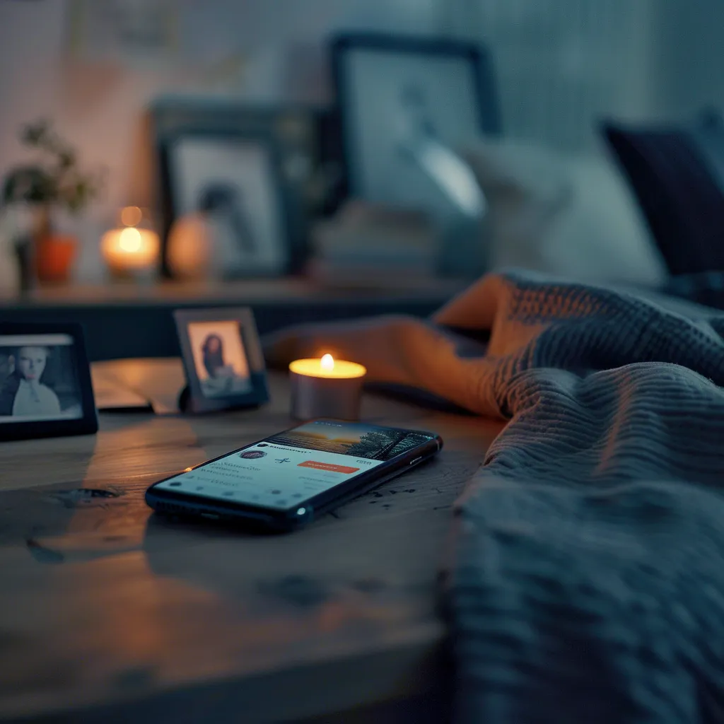 En smartphone vilar på en mysig säng bredvid ett tänt ljus, med inramade foton mjukt upplysta i bakgrunden. Den lugna scenen frammanar den fridfulla atmosfären på begravningsbyrå Gislaved och erbjuder komfort och reflektion.