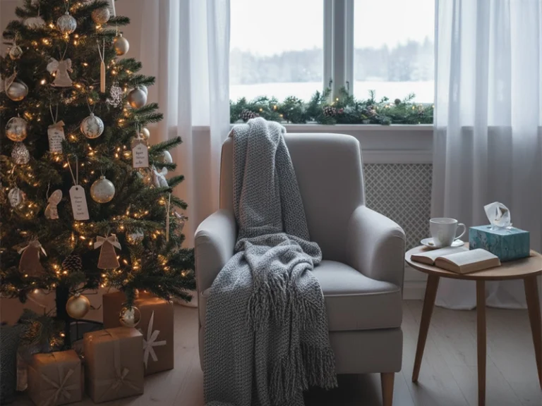 En julgran med glittrande dekorationer står vid ett fönster, där snö faller utanför. Bredvid fönstret finns en ljusgrå fåtölj med en mjuk, grå filt över armstödet. En liten taburett bredvid stolen har en kopp med varmt dryck, en låda med presentpapper och en pappersnäsduk. Framför granen ligger inslagna julklappar i olika storlekar med dekorativa band. Rummets atmosfär känns mysig och inbjudande.